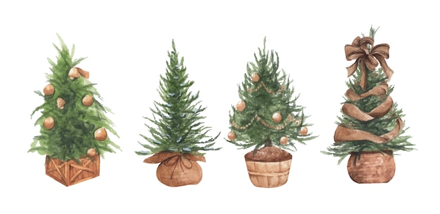 Insieme dell'illustrazione dell'acquerello di alberi di Natale in vaso