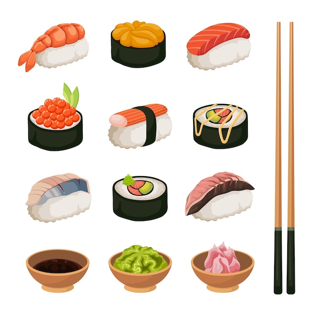 Insieme dell'illustrazione dell'alimento di vettore del sushi