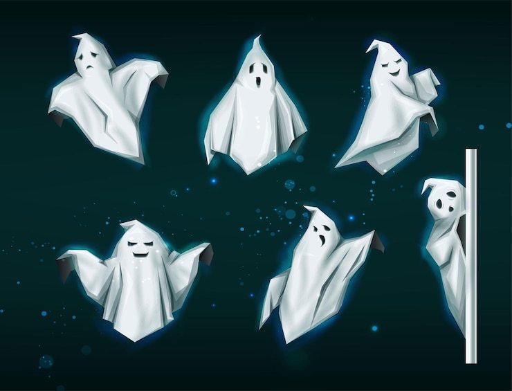 Vettore insieme dell'illustrazione dell'icona di vettore dei fantasmi di halloween spettrali. isolato su sfondo trasparente. cartone animato
