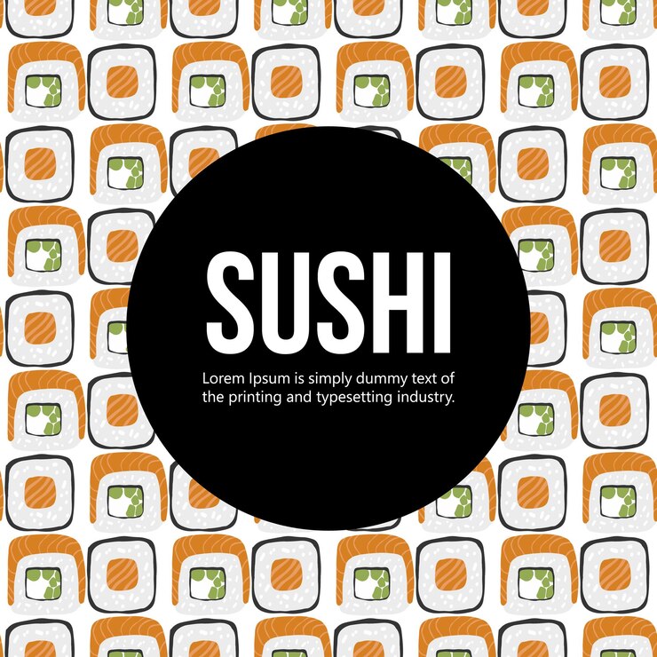 Vettore insieme dell'illustrazione della priorità bassa del modello dei sushi con la struttura nera della priorità bassa