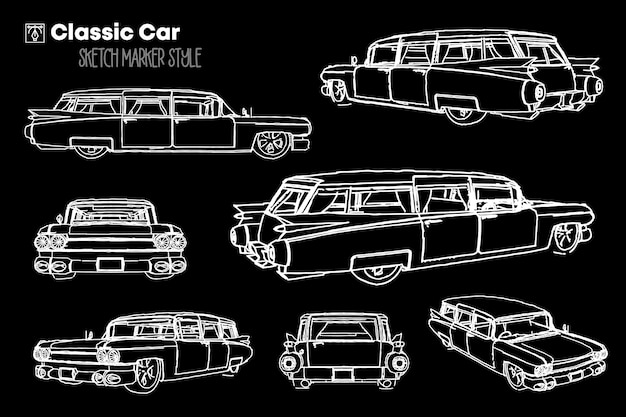 Insieme dell'illustrazione della siluetta dell'automobile classica