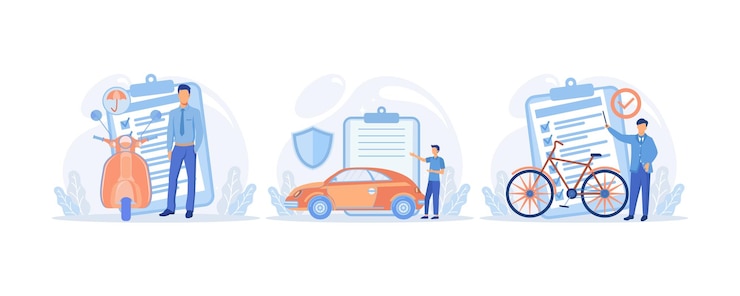 Vettore insieme dell'illustrazione di assicurazione del veicolo. personaggi che acquistano polizze assicurative per auto, biciclette e moto