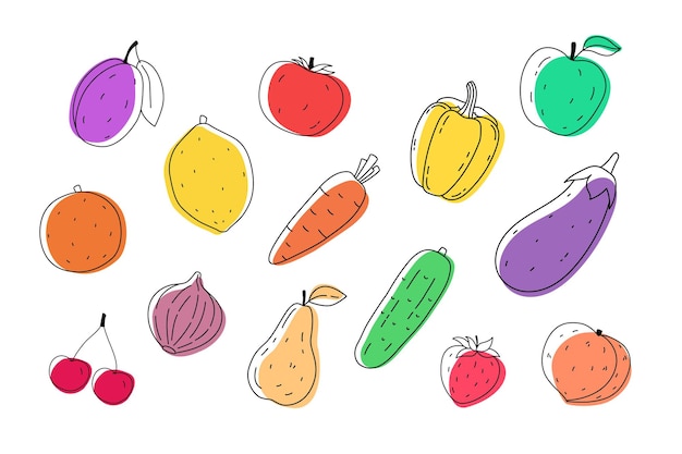 Insieme dell'illustrazione di scarabocchio di frutta e verdura disegnata a mano