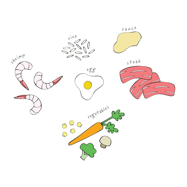 Insieme dell'illustrazione di vettore degli ingredienti dell'alimento di cottura del ristorante