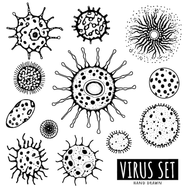 Insieme dell'illustrazione di vettore disegnato a mano del virus