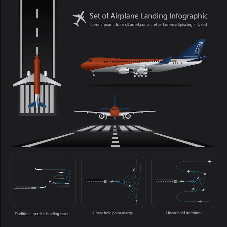 Vettore insieme dell'illustrazione di vettore isolata infographic di atterraggio dell'aeroplano