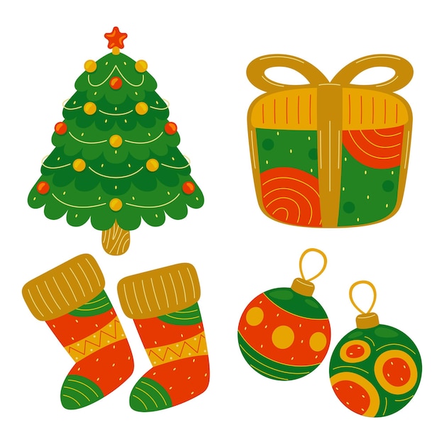 Insieme dell'illustrazione piana di vettore degli elementi di natale.