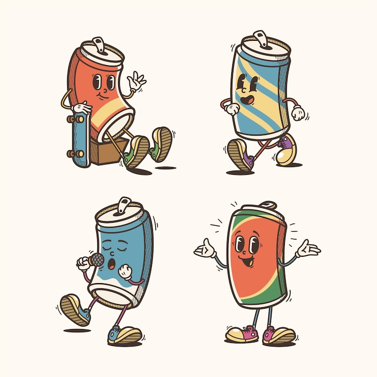 Vettore insieme dell'illustrazione tradizionale del fumetto della lattina di soda con varie pose ed espressioni