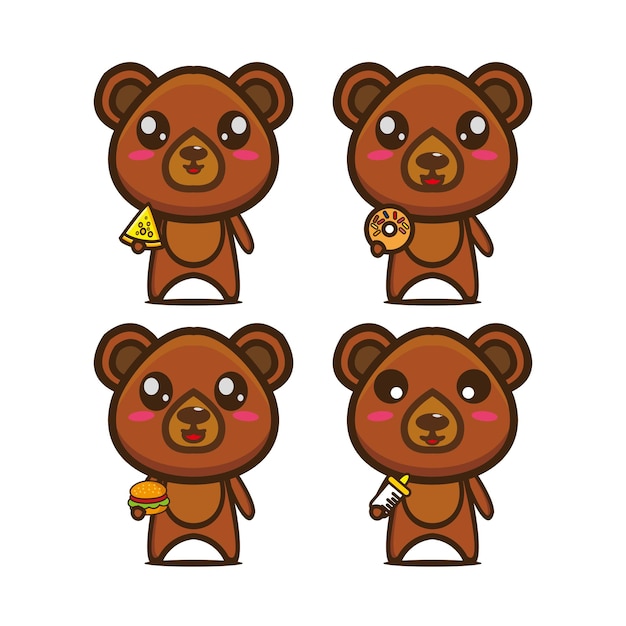 Insieme dell'orso della raccolta che tiene la mascotte del personaggio dei cartoni animati di stile piano dell'illustrazione di vettore del cibo