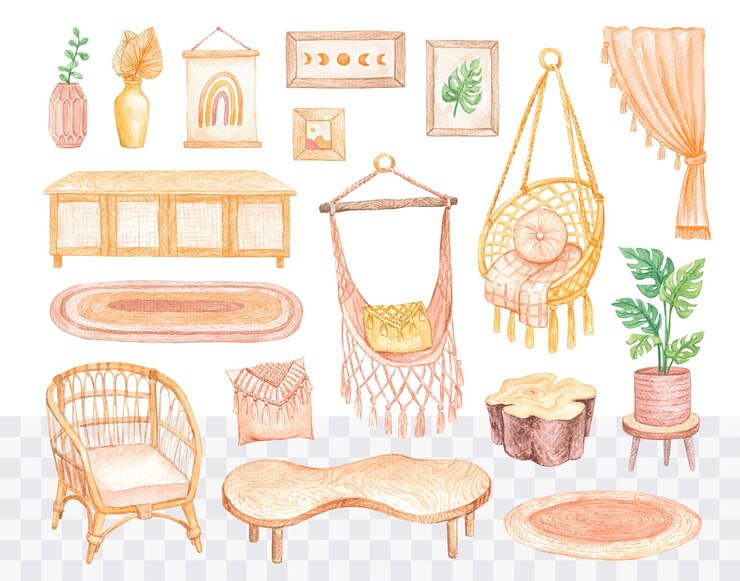 Insieme della decorazione d'interni della casa accogliente disegnato a mano dell'acquerello