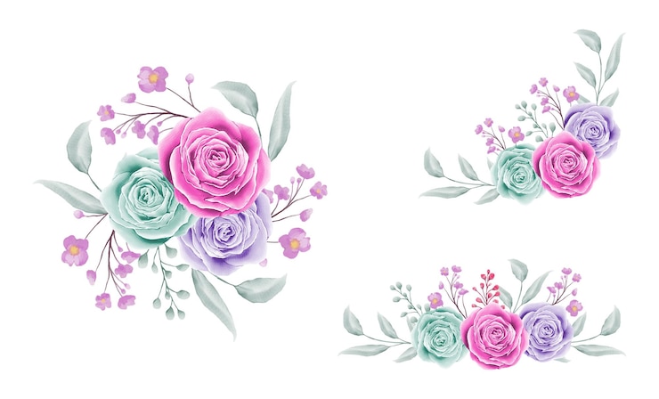 Vettore insieme della raccolta del mazzo dei fiori per gli elementi delle cartoline di auguri o di nozze con l'acquerello