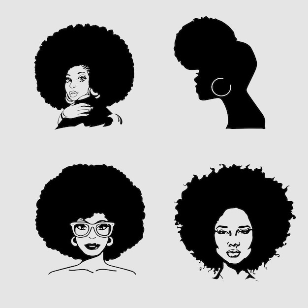 Insieme della siluetta di acconciatura femminile afro di vettore