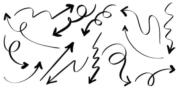 Insieme delle frecce disegnate a mano isolate su priorità bassa bianca. per infografica aziendale, banner, web e concept design. Elementi di design di doodle di vettore.