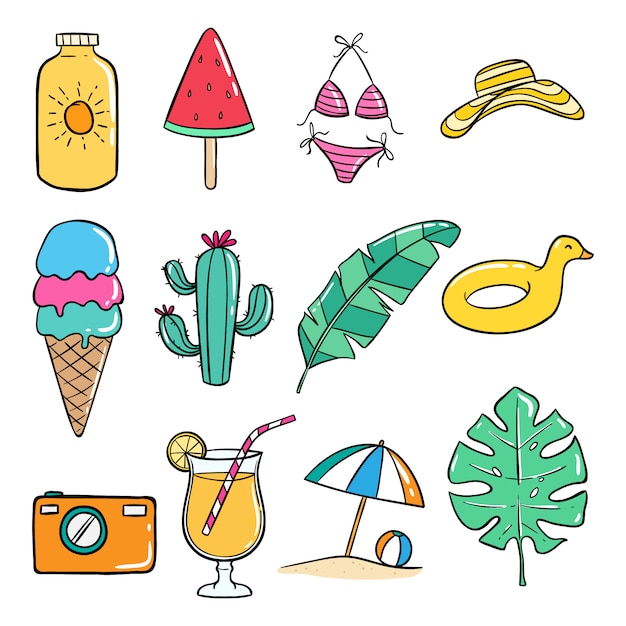 Insieme delle icone di estate di Doodle su fondo bianco