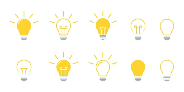 Insieme delle icone di vettore della lampadina. Icone gialle lampade o lampadina e raggi. Lampadina. Simbolo per idea.