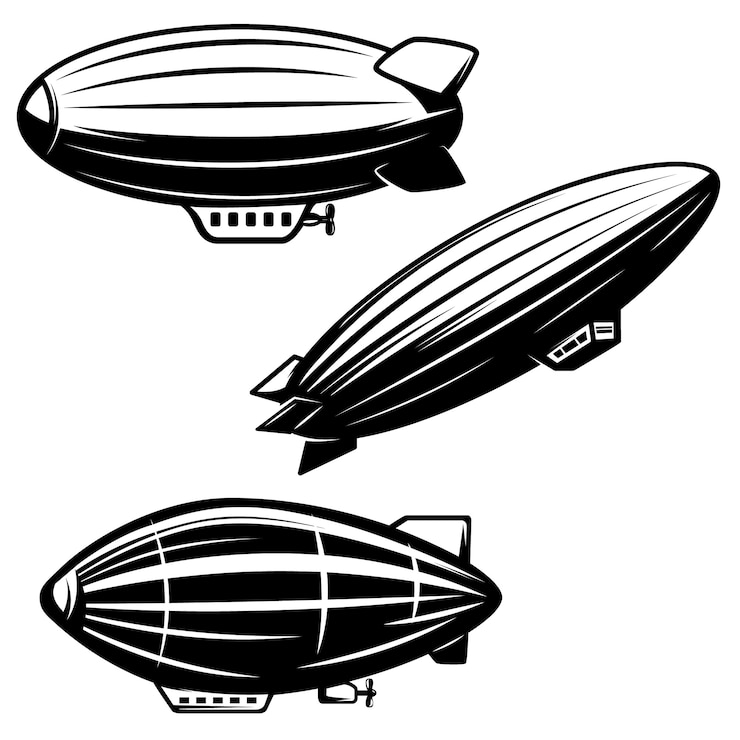 Vettore insieme delle illustrazioni dell'aerostato su fondo bianco. zeppelin dirigibili. elementi per logo, etichetta, emblema, segno. immagine