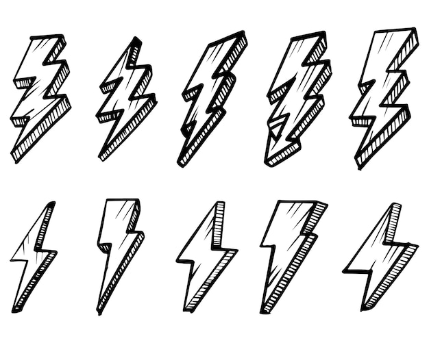Insieme delle illustrazioni disegnate a mano di schizzo di simbolo del fulmine elettrico. simbolo di tuono doodle icona. elemento di design isolato su sfondo bianco. illustrazione vettoriale.