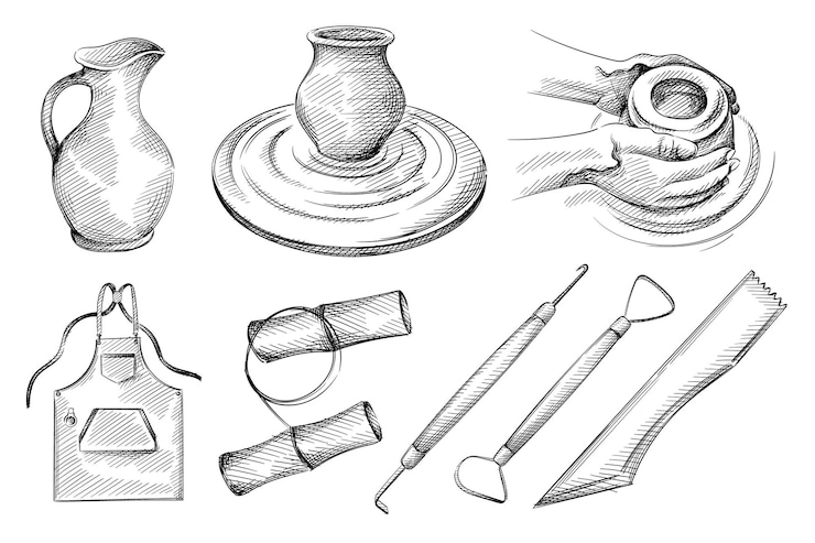 Vettore insieme di abbozzo disegnato a mano di ceramiche, strumenti di ceramica.