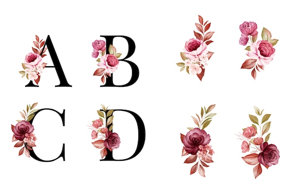Insieme di alfabeto floreale dell'acquerello di A, B, C, D con fiori e foglie rossi e marroni. Composizione di fiori