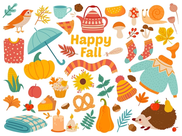 Insieme di autunno. Cartone animato piante gialle, cibo e animali della foresta, festa del raccolto e attributi del giorno del ringraziamento per carta, set di poster come vestiti caldi, funghi e foglie. buon autunno