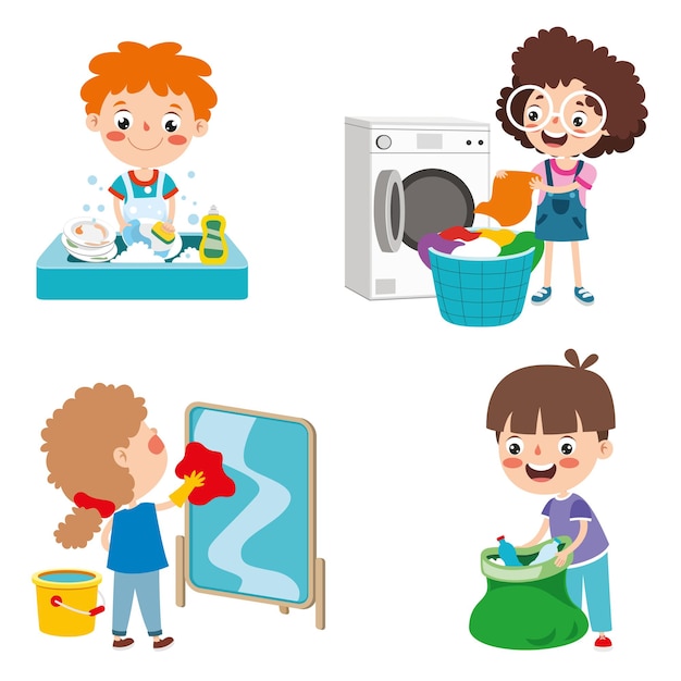 Insieme di bambini che fanno vari lavori domestici