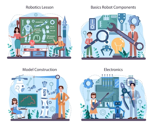 Insieme di concetti di materia scolastica di robotica. Studenti che imparano i componenti dei robot