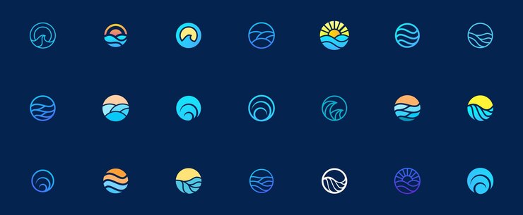 Insieme di design del logo dell'onda dell'acqua di mare, elemento grafico per il logo
