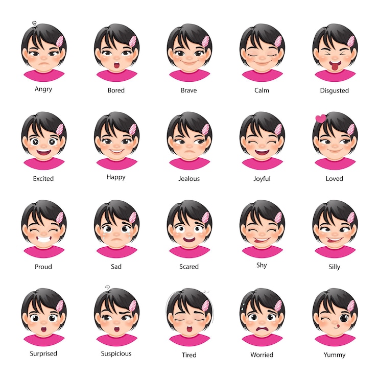 Vettore insieme di diverse espressioni facciali un personaggio di una bambina raccolta di sentimenti di giovane donna emoji ragazza carina con varie emozioni vettore ritratto ragazza asiatica