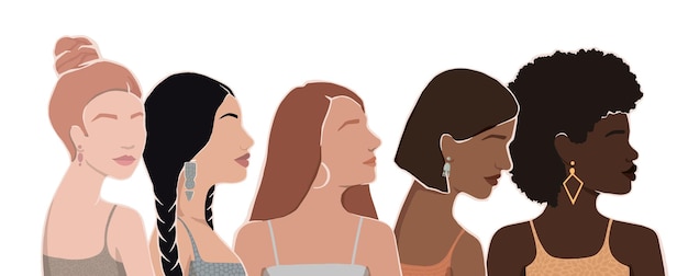 Insieme di donne di diversi gruppi etnici insieme Illustrazione piatta moderna vettoriale