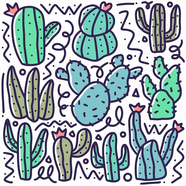Insieme di Doodle del disegno a mano di raccolta di cactus con icone ed elementi di design