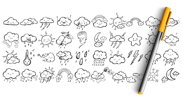 Insieme di doodle di condizioni meteorologiche. Raccolta di schizzi di disegno a matita inchiostro penna di nuvole con espressioni facciali pioggia nevicata sole o fulmini tuoni isolati