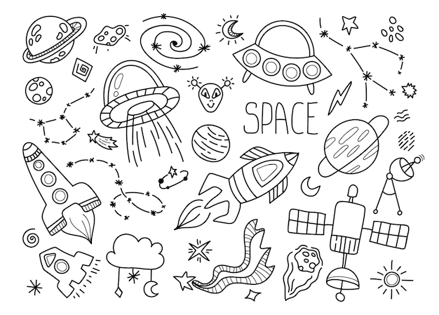 Insieme di doodle di spazio bianco e nero - linea disegnata a mano elementi isolati con spazio, stelle, galassia, costellazione, ufo, pianeta.