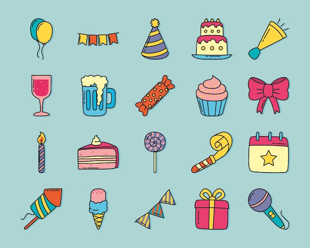 Insieme di doodles festa di compleanno disegnata a mano