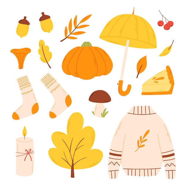 Insieme di elementi autunnali in stile piatto Collezione autunnale ciao disegnata a mano Illustrazione vettoriale