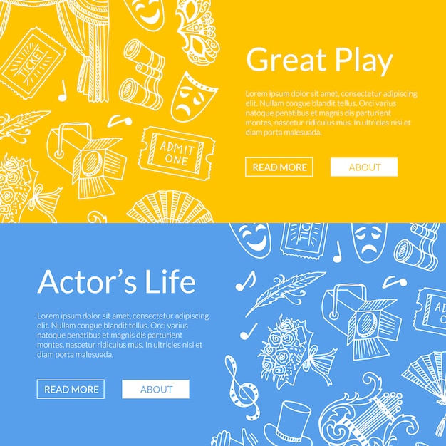 Insieme di elementi del teatro di doodle di grande illustrazione di gioco di banner web