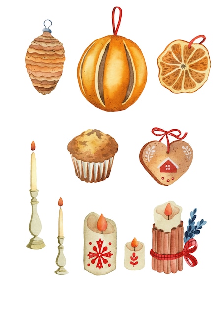 Insieme di elementi dell'acquerello rustico hygge di Natale
