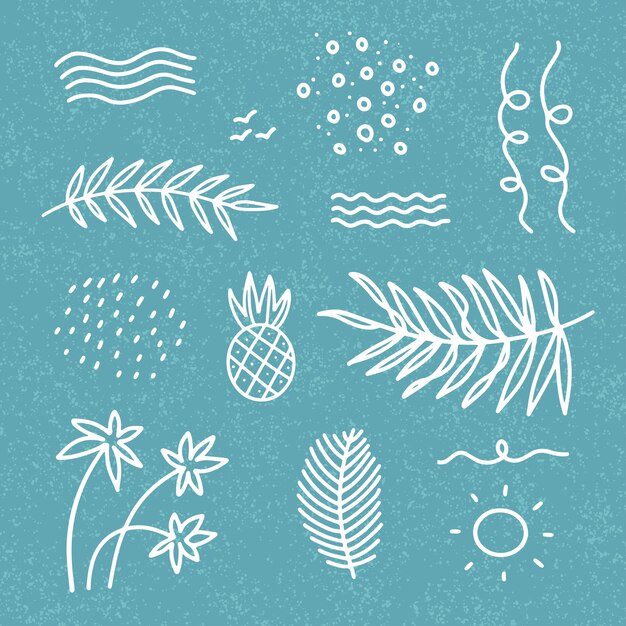 Insieme di elementi di arredamento astratto estate con onde, foglie di palma, punti per t-shirt, stampe, cartoline. disegno lineare disegnato a mano in stile doodle su sfondo blu con texture.