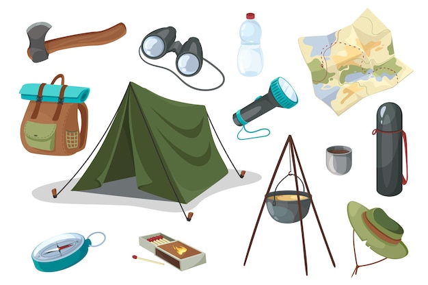 Insieme di elementi di design di attrezzature da viaggio e da escursionismo. Collezione di tenda, ascia, binocolo, bottiglia, lanterna, mappa, thermos, zaino, bussola. Oggetti isolati di illustrazione vettoriale in stile cartone animato piatto