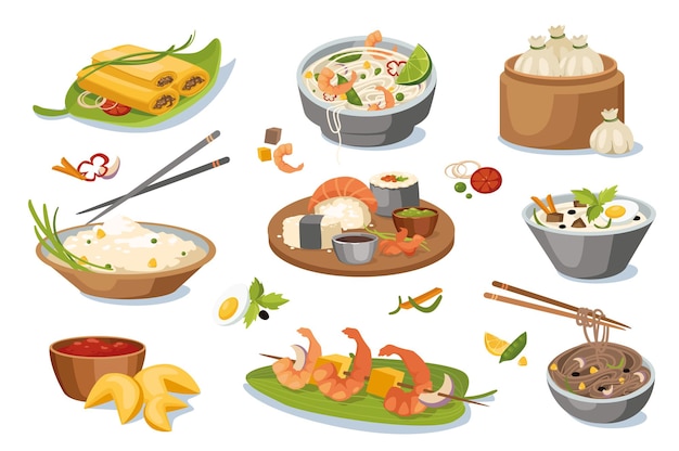 Insieme di elementi di design di piatti di cibo asiatico. Raccolta di involtini primavera, tagliatelle ai gamberi, riso con le bacchette, sushi, ramen, biscotti della fortuna. Oggetti isolati di illustrazione vettoriale in stile cartone animato piatto