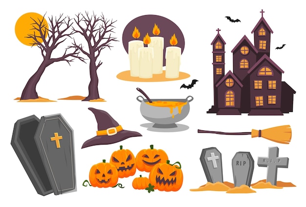 Insieme di elementi di Halloween felice isolato su sfondo bianco, zucca, casa stregata, tomba, bara