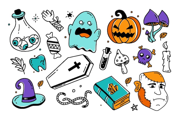 Insieme di elementi di Halloween Illustrazione del disegno vettoriale in stile Doodle isolato su bianco