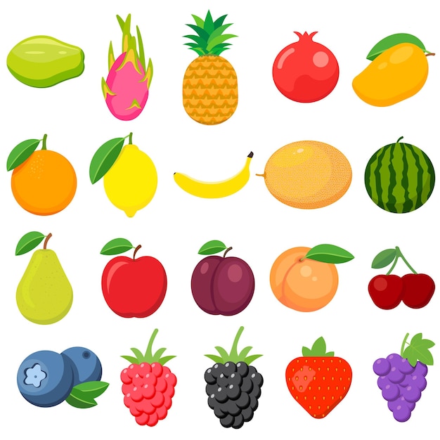 Insieme di frutta. Anguria, ananas, pesca, limone, vegetariano, arancia, cibo, mela, pera, banana, ciliegia, fragola, uva, kiwi, mango, melone, prugna, papaia isolato su priorità bassa.