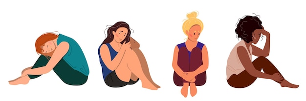 Insieme di giovani ragazze di seduta infelici depresse. Donna di diverse etnie Concetto di disturbo mentale. Illustrazione vettoriale colorato in stile cartone animato piatto.