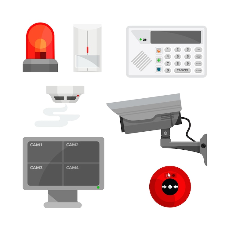 Vettore insieme di illustrazioni di diversi dispositivi del sistema di sicurezza