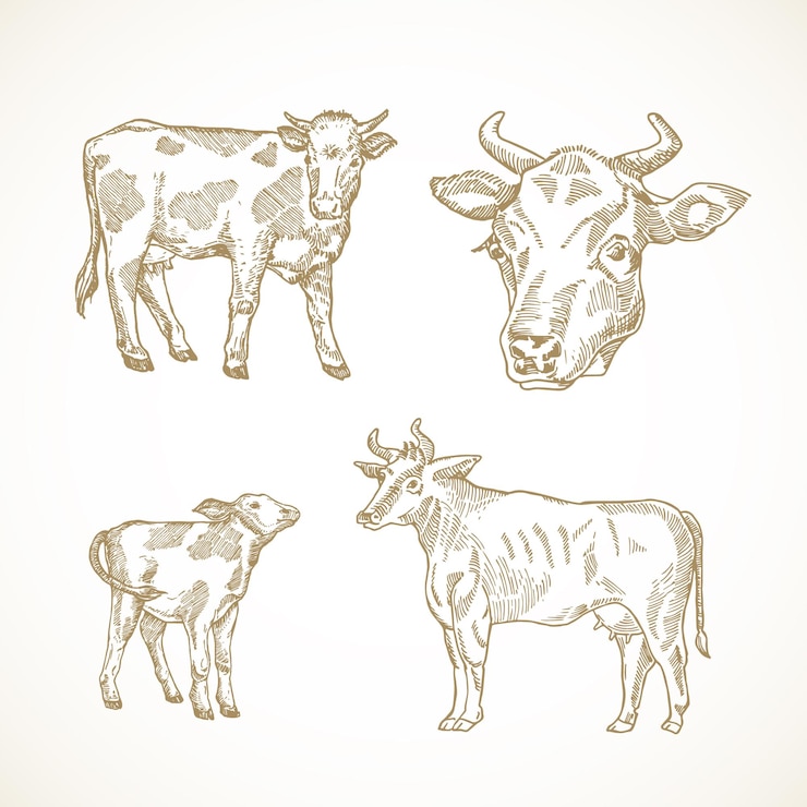 Vettore insieme di illustrazioni vettoriali disegnate a mano di toro e vitello di mucca raccolta di disegni in stile doodle di animali domestici astratti