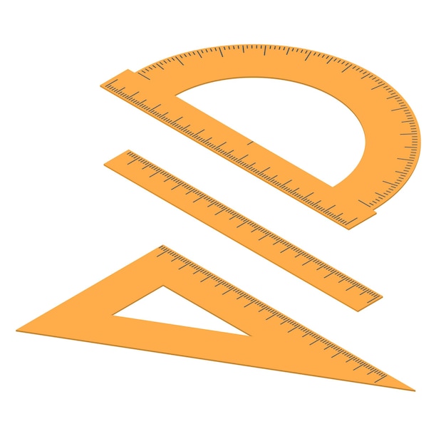 Insieme di linee. Righello e goniometro diritto e angolare. Strumento per misurare la lunghezza in isometrica. Centimetri, millimetri e gradi. Colore arancione della cancelleria. Illustrazione vettoriale.