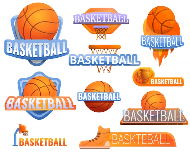 Insieme di logo di sport di pallacanestro, stile del fumetto