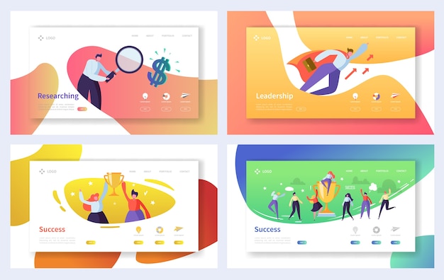 Insieme di modelli di pagina di destinazione aziendale. Caratteri di persone di affari che ricercano, leadership, concetto di successo per sito Web o pagina Web.