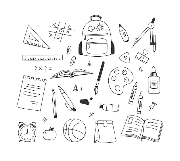 Insieme di oggetti di cancelleria scolastici e studenti disegnati a mano.
