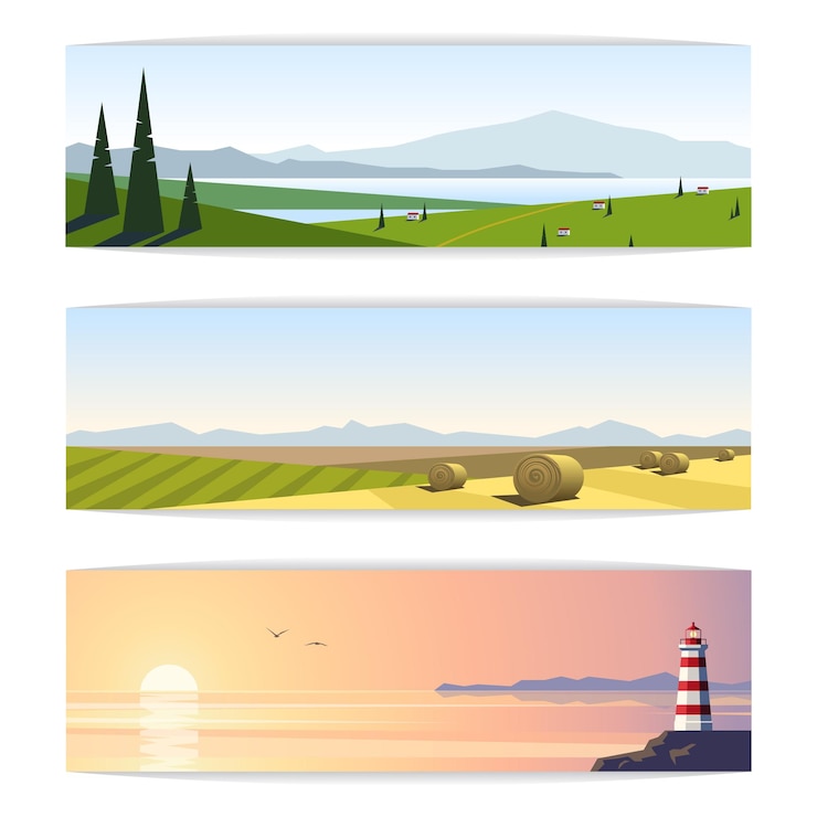 Vettore insieme di paesaggi panoramici vettoriali con illustrazione della natura, faro al tramonto e campagna rurale
